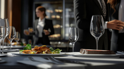 A sophisticated table setting with plates of fresh, gourmet food, surrounded by well-dressed business people engaged in conversation.