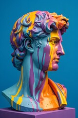 Naklejka premium Colorful reinterpretation of a classical sculpture showcasing vibrant paint splashes against a blue backdrop in modern art style. AI.