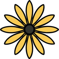Fototapeta premium Yellow daisy flower with black center illustration, Vector illustration of a daisy flower featuring yellow elongated petals and a dark black circular center, outlined with bold lines for a simple and 