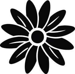 Black silhouette of a daisy flower with petals, Silhouette illustration of a daisy flower with elongated petals and a circular center, featuring a bold and striking black design.
