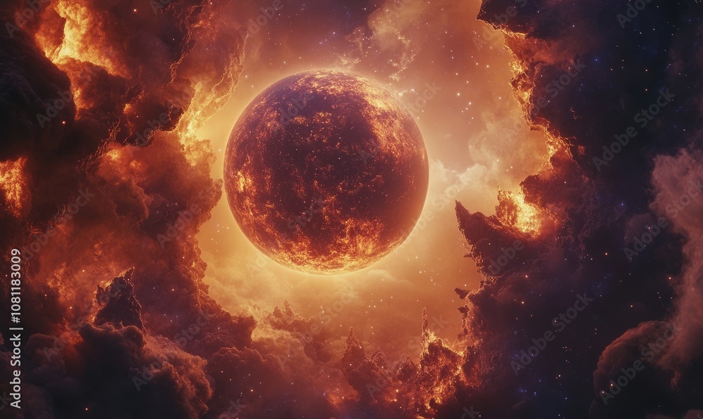 Aufkleber image of a planet with a glowing atmosphere surrounded by clouds of gas and stars in a deep space se