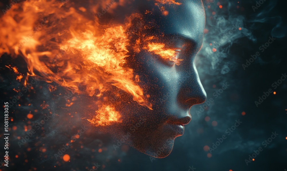 Poster man face merging with fire and smoke generative ai concept