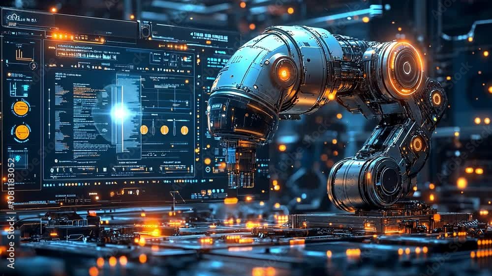 Aufkleber futuristic tech lab with an advanced robotic arm and glowing displays
