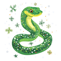 Naklejka premium A festive green snake with a playful expression is surrounded by falling snowflakes, celebrating the winter holiday season