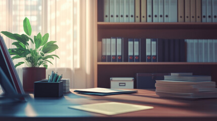 Fototapeta premium The background has subtle, blurred details of the office, emphasizing his professionalism.