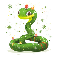 Fototapeta premium A cheerful green snake decorated with ornaments celebrates the festive season in a whimsical winter wonderland