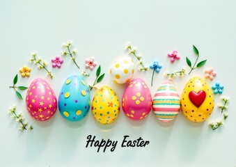 Colorful Easter eggs adorned with vibrant designs rest on a light background, surrounded by delicate flowers and leaves, celebrating the joy and renewal of spring festivities