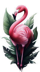 Fototapeta premium Pink flamingo digital illustration and tropical leaves on white background