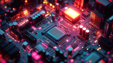 Close-up of a computer motherboard with glowing circuits and a central processor.