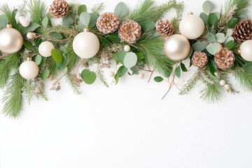 A white background with a green and gold wreath of Christmas decorations