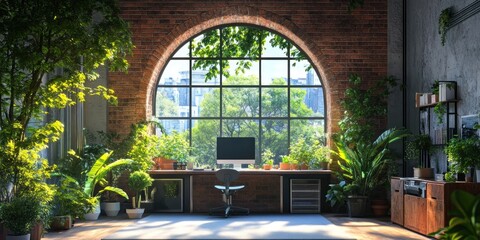 Obraz premium A bright, modern workspace with a large arched window looking out onto lush greenery.