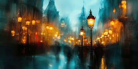 Obraz premium A foggy city street with glowing streetlights at night.