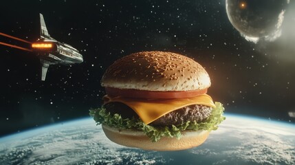 Space Burger: A cheesy burger floats in the vastness of space, with a futuristic spaceship soaring past a distant planet.  The image is a whimsical and surreal take on food in the future.