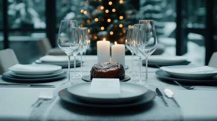 Elegant holiday table setting with candles and a festive backdrop, AI