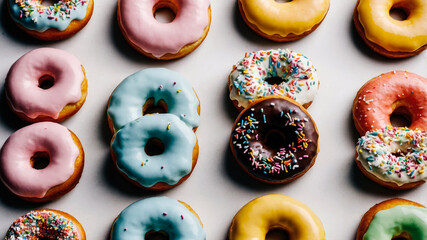 Assorted Donuts with Colorful Glaze and Sprinkles on Light Background