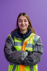 Proud Female Factory Worker in Reflective Gear on Purple Background for Professional and Promotional Use