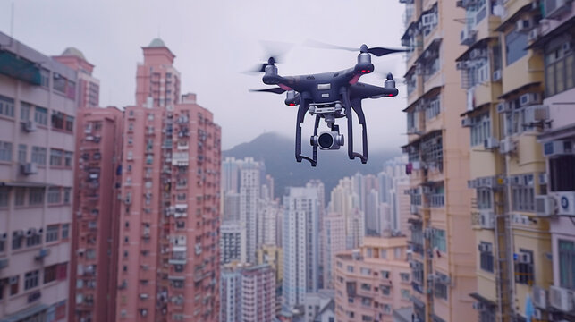 Drone volando entre edificios altos en ciudad densa
