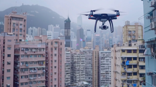 Drone volando entre edificios altos en ciudad densa