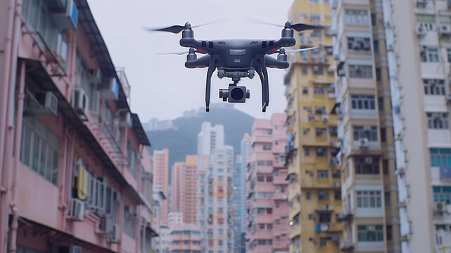 Drone volando entre edificios altos en ciudad densa