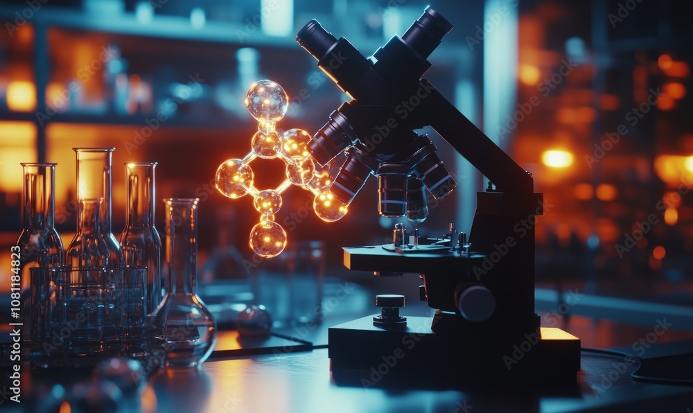 Poster microscope focusing on a glowing molecular structure on a laboratory table, surrounded by scientific