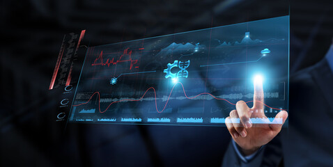 Biotechnology: Businessman analyzes data strategy with graph on digital screen. Genetic research,...