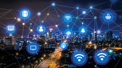 Fototapeta premium Conexiones de red e íconos de internet sobre ciudad iluminada
