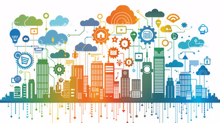 Obraz premium Ilustración de ciudad inteligente con íconos de tecnología y conectividad