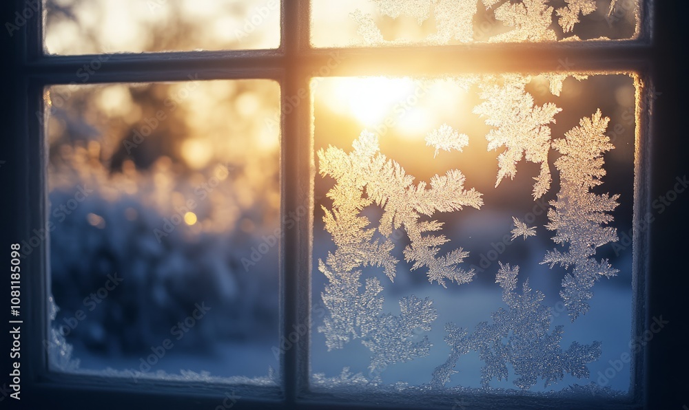 Poster frost-covered window with a foggy, diffused light shining through, creating a textured, ethereal eff