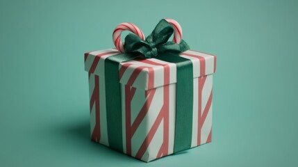 Obraz premium A Christmas gift box tied with a green ribbon and candy canes.
