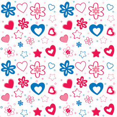 seamless pattern of hearts flowers, pink blue white, vector