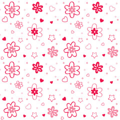 pink doodle flowers and hearts, seamless pattern