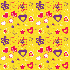 pink, purple, white doodle flowers and hearts on yellow background seamless pattern