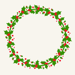 Christmas round frame with s holly leaves and berries