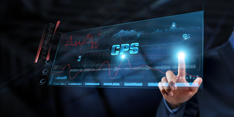 CPS (Cyber-Physical Systems): Businessman analyzing data strategy with graph on digital screen. System integration, real-time monitoring, automation, data processing, connectivity, machine learning