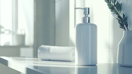 White Soap Dispenser, Rolled Towel, and Plant in Minimalist Bathroom