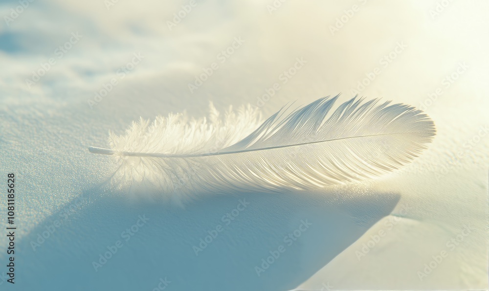 Poster minimalist close-up of a single feather lying on a smooth, white surface, with delicate shadows and 