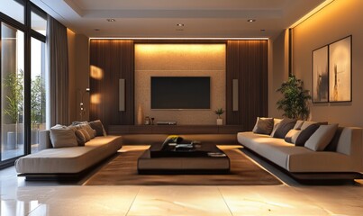 Living room interior with TV screen in front of couch. home interior