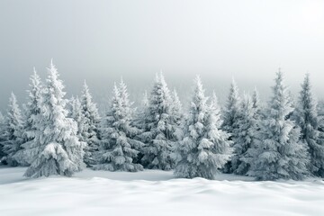 Naklejka premium Winter landscape featuring evergreen trees blanketed in snow, peaceful and tranquil atmosphere under a cloudy sky.