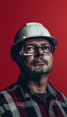 Fototapeta premium Focused Factory Supervisor Portrait in Safety Gear on Red Background for Industrial Design