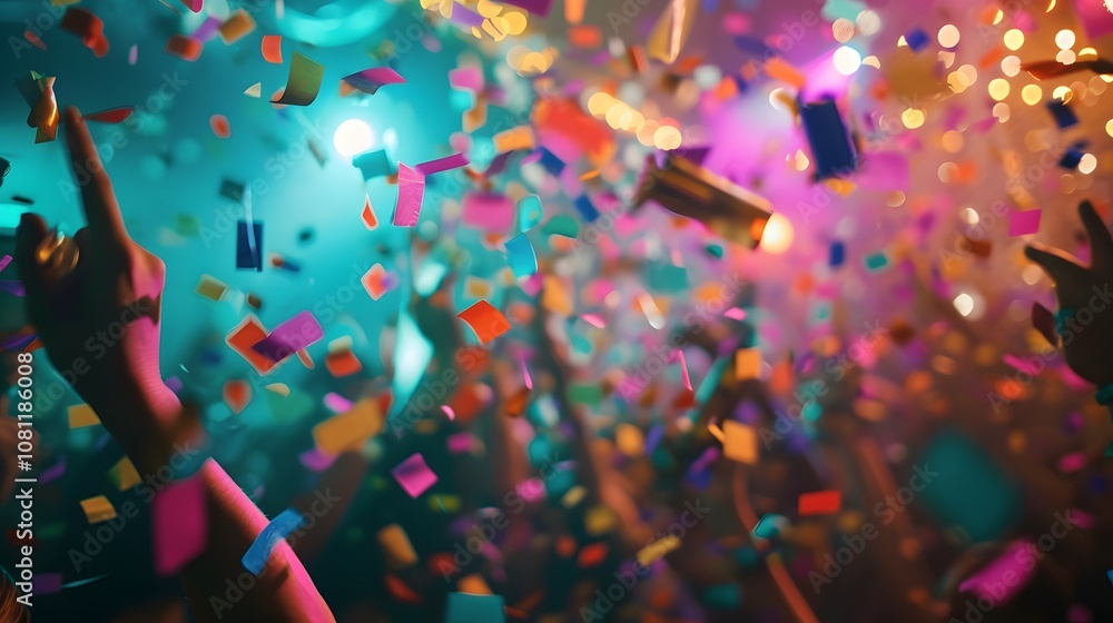 Poster a dynamic and energetic party scene portrayed in a photo featuring colorful confetti creating a joyf