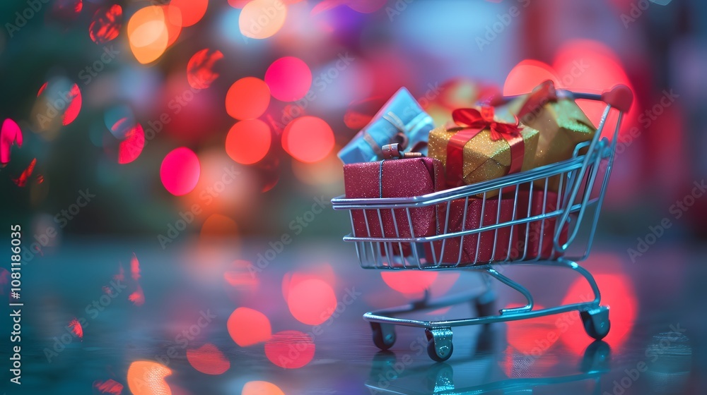 Poster a dynamic image capturing a toy shopping cart filled with miniature gift boxes creating a playful an