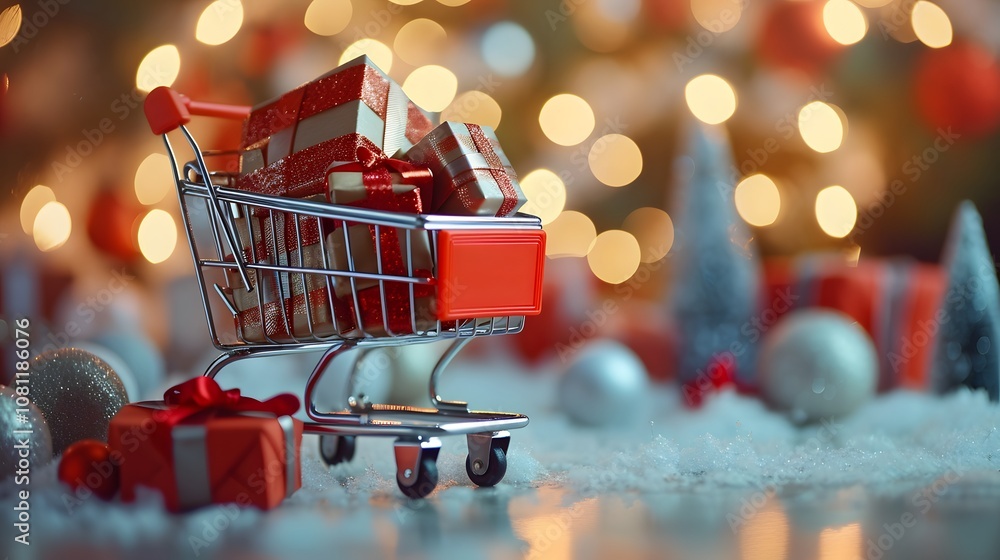 Poster a dynamic image capturing a toy shopping cart filled with miniature gift boxes creating a playful an