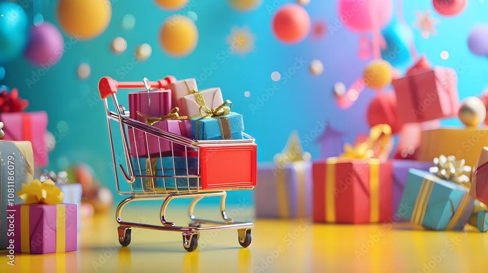 Poster a dynamic image capturing a toy shopping cart filled with miniature gift boxes creating a playful an