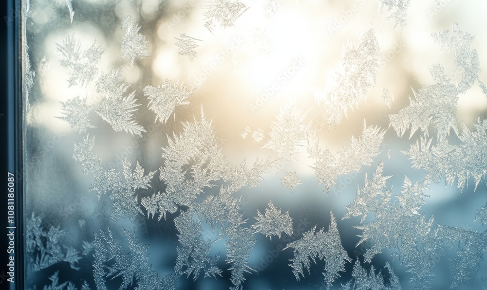 Poster frost-covered window with a foggy, diffused light shining through, creating a textured, ethereal eff