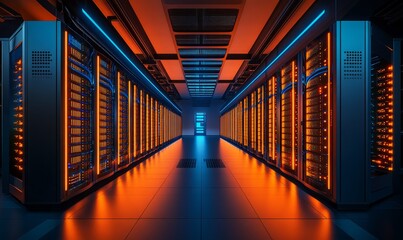 Fototapeta premium Futuristic data center with glowing orange and blue lights, showcasing server racks and fast-moving data transfer concept with illuminated cables and connections
