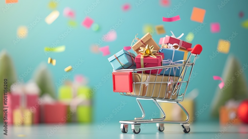 Poster a dynamic scene capturing a shopping cart overloaded with assorted gift boxes symbolizing the excite