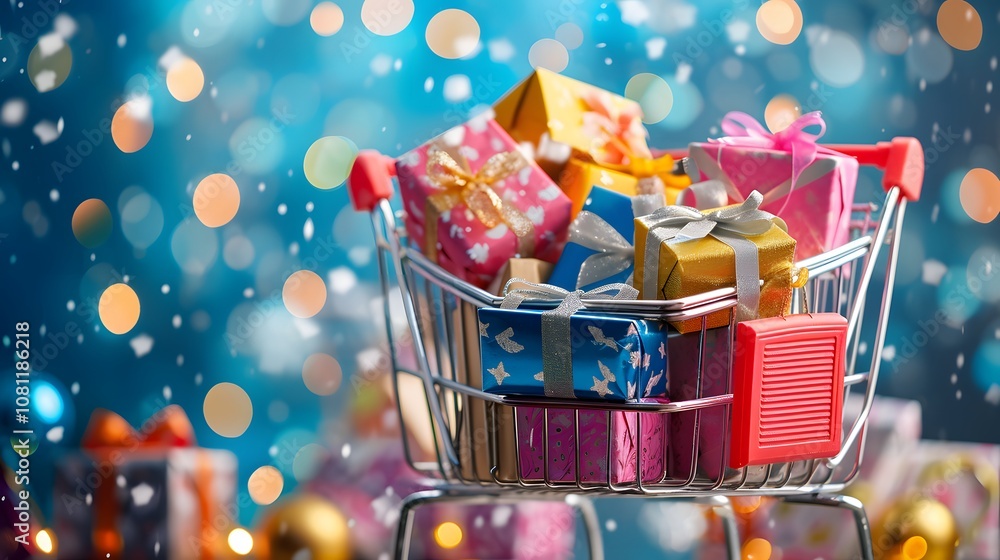 Poster a dynamic scene capturing a shopping cart overloaded with assorted gift boxes symbolizing the excite