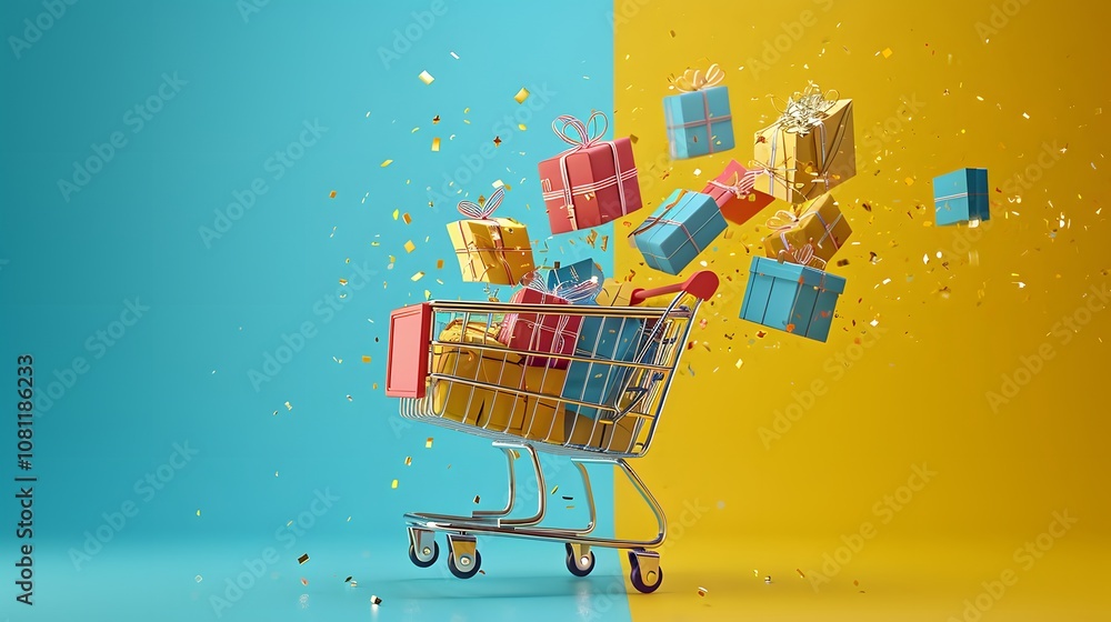 Poster a dynamic scene capturing a shopping cart overloaded with assorted gift boxes symbolizing the excite