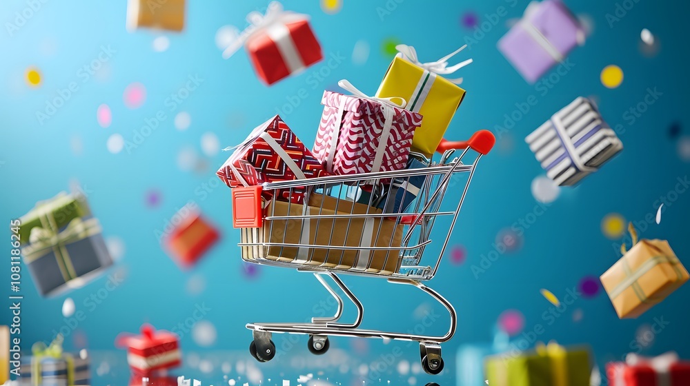 Poster a dynamic scene capturing a shopping cart overloaded with assorted gift boxes symbolizing the excite