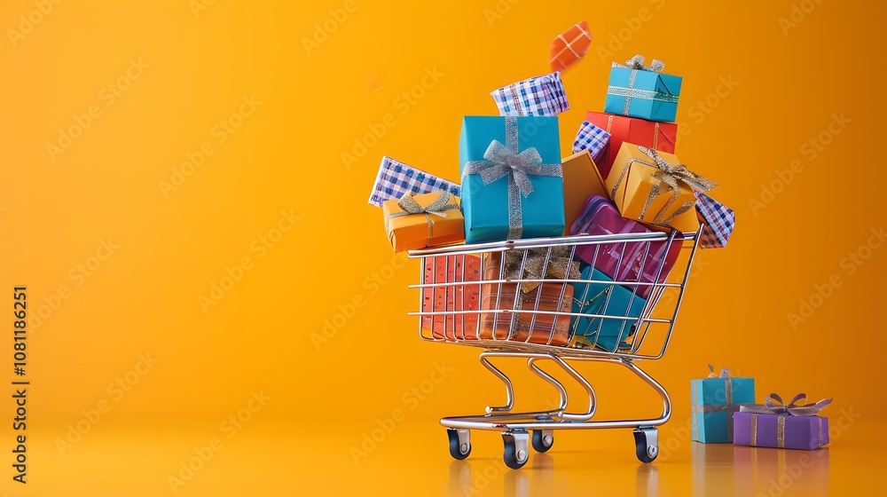 Poster a dynamic scene capturing a shopping cart overloaded with assorted gift boxes symbolizing the excite